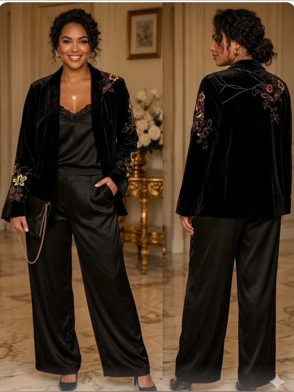 Coldwater Creek 2X Black Velvet Embroidered Kimono Jacket Open Front Plus Boho
